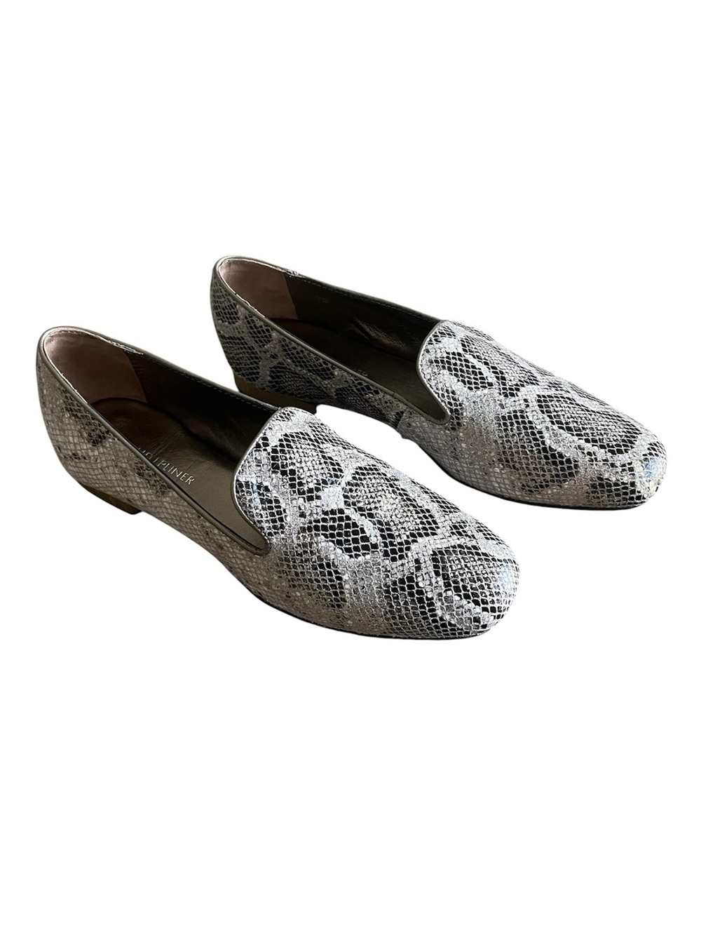 Donald J. Pliner Hazel Python Print Leather Loafers Silver Gray Gold Heel 7.5